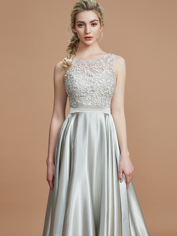 A-Line Charming Bateau Sleeveless Ruffles Asymmetrical Silk like Satin Bridesmaid Dresses