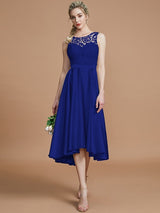 A-Line Charming Bateau Sleeveless Ruffles Asymmetrical Silk like Satin Bridesmaid Dresses