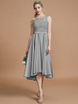 A-Line Charming Bateau Sleeveless Ruffles Asymmetrical Silk like Satin Bridesmaid Dresses