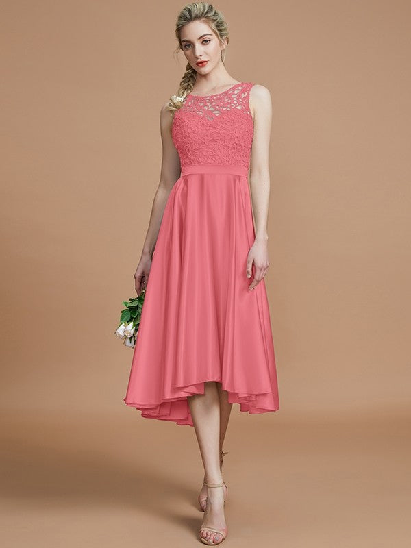 A-Line Charming Bateau Sleeveless Ruffles Asymmetrical Silk like Satin Bridesmaid Dresses