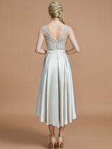 A-Line Charming Bateau Sleeveless Ruffles Asymmetrical Silk like Satin Bridesmaid Dresses