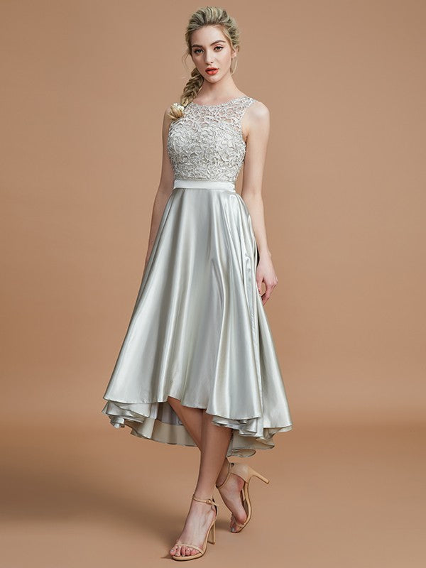 A-Line Charming Bateau Sleeveless Ruffles Asymmetrical Silk like Satin Bridesmaid Dresses