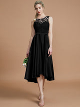 A-Line Charming Bateau Sleeveless Ruffles Asymmetrical Silk like Satin Bridesmaid Dresses