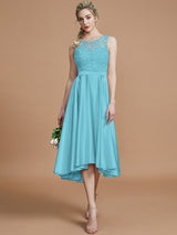 A-Line Charming Bateau Sleeveless Ruffles Asymmetrical Silk like Satin Bridesmaid Dresses