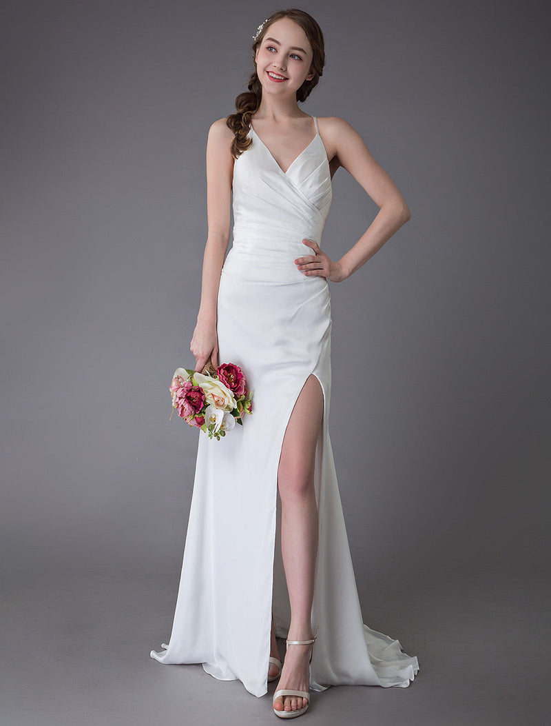 Beach Wedding Dresses Sexy Bridal Dress High Split Ivory Sheath Straps Summer Wedding Gowns