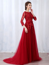 Burgundy Evening Dresses Long Sleeve Lace Applique Beaded Formal Gown With Train