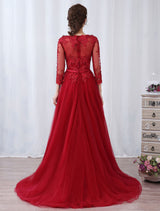 Burgundy Evening Dresses Long Sleeve Lace Applique Beaded Formal Gown With Train