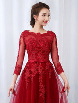 Burgundy Evening Dresses Long Sleeve Lace Applique Beaded Formal Gown With Train