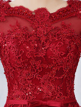 Burgundy Evening Dresses Long Sleeve Lace Applique Beaded Formal Gown With Train