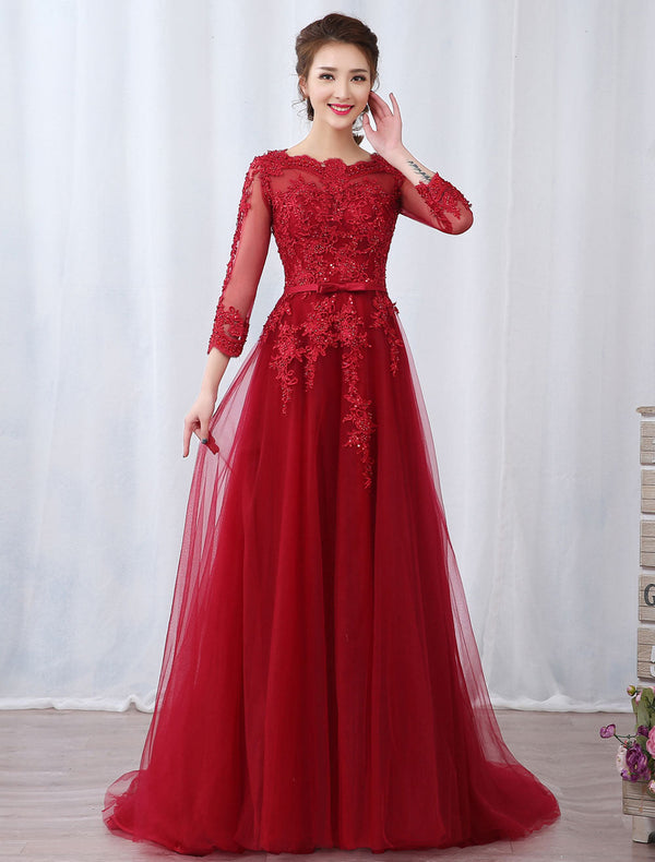 Burgundy Evening Dresses Long Sleeve Lace Applique Beaded Formal Gown With Train