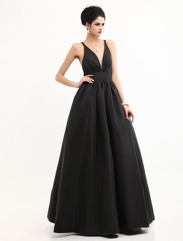 Celebrity Dresses Black Oscar Evening Dress Straps Backless Deep V Taffeta Dress