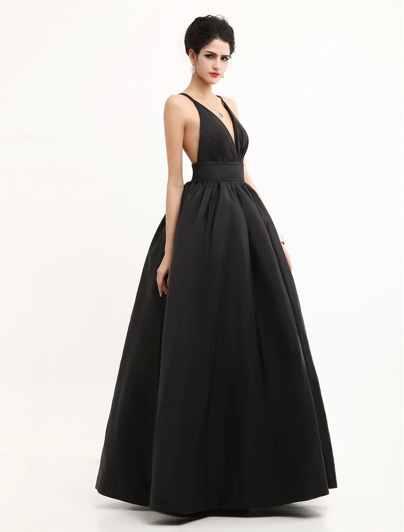 Celebrity Dresses Black Oscar Evening Dress Straps Backless Deep V Taffeta Dress