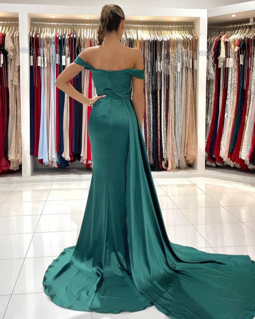 Modern Dark Green Off-the-shoulder Slit Mermaid Prom Dresses-stylesnuggle