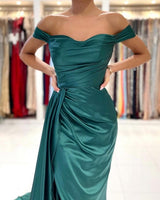 Modern Dark Green Off-the-shoulder Slit Mermaid Prom Dresses-stylesnuggle