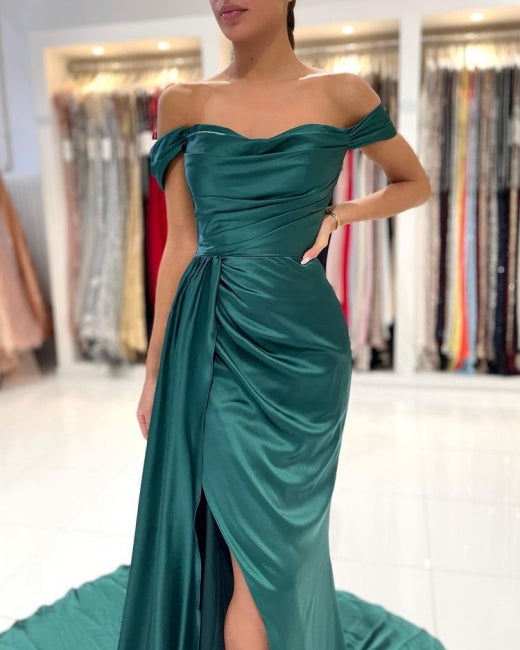 Modern Dark Green Off-the-shoulder Slit Mermaid Prom Dresses-stylesnuggle