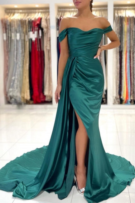 Modern Dark Green Off-the-shoulder Slit Mermaid Prom Dresses-stylesnuggle