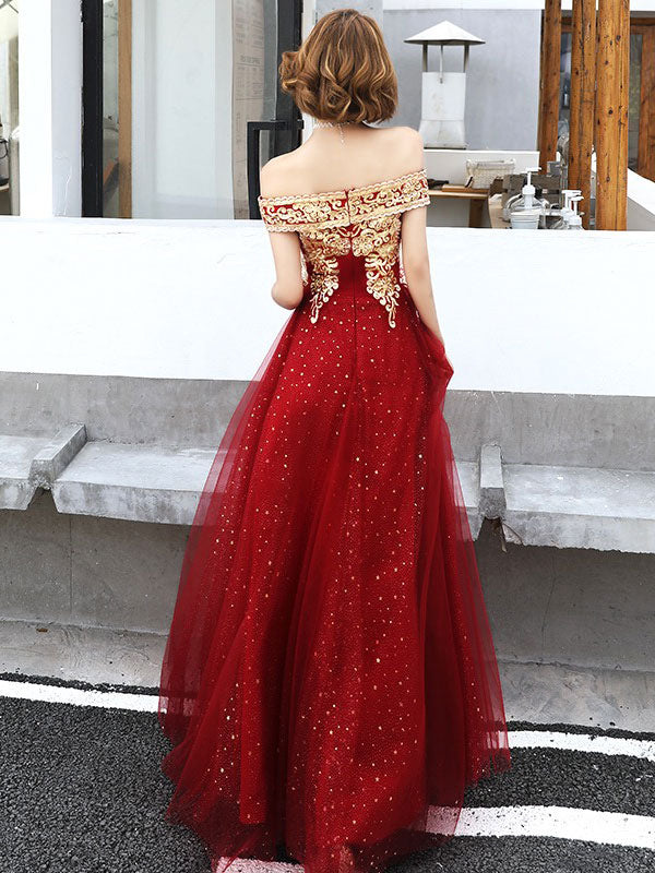 Evening Dress A-Line Bateau Neck Tulle Floor-Length Sequins Sequined Dress