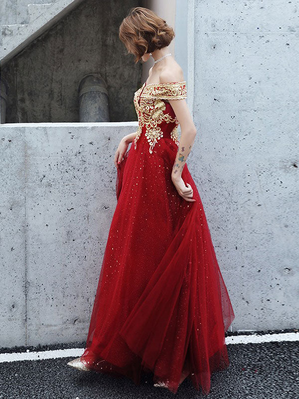 Evening Dress A-Line Bateau Neck Tulle Floor-Length Sequins Sequined Dress