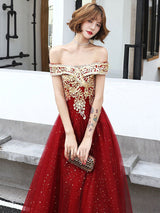 Evening Dress A-Line Bateau Neck Tulle Floor-Length Sequins Sequined Dress