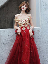 Evening Dress A-Line Bateau Neck Tulle Floor-Length Sequins Sequined Dress