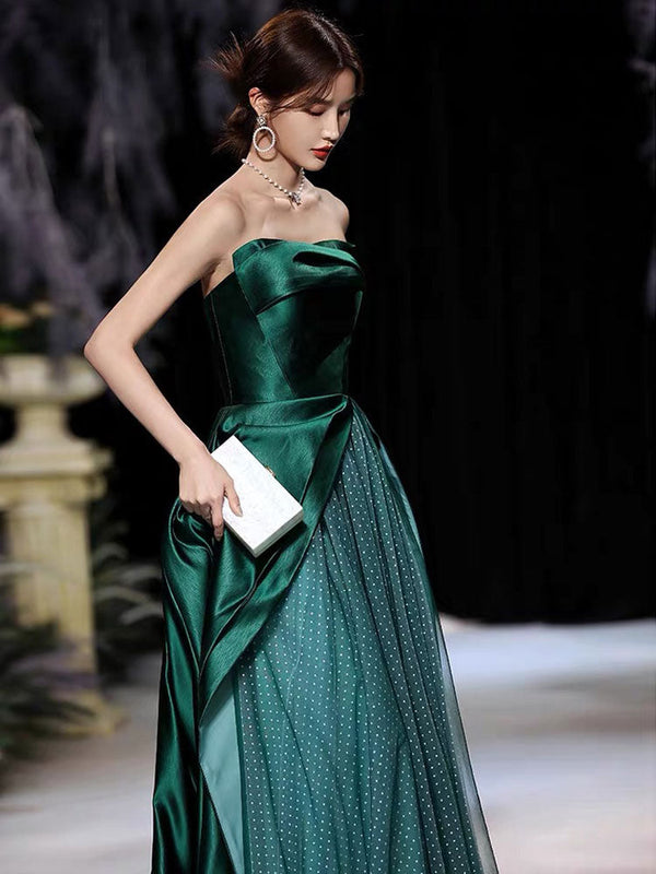 Evening Dress A-Line Strapless Satin Fabric Floor-Length Pleated Formal Party Dresses Forest Green Pageant Dress