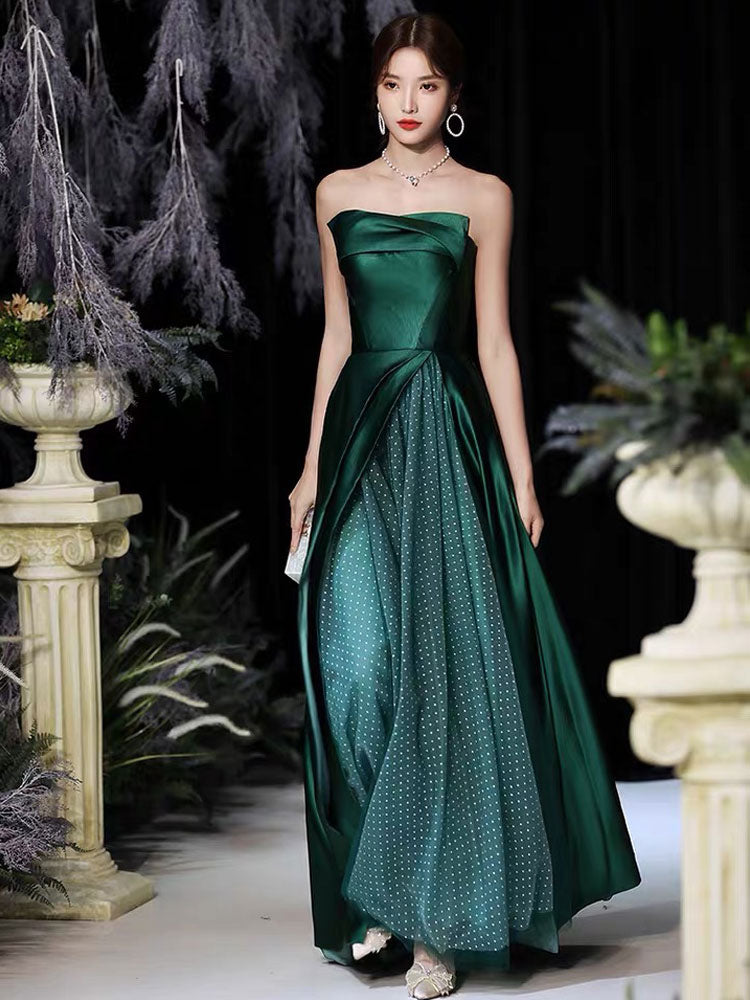 Evening Dress A-Line Strapless Satin Fabric Floor-Length Pleated Formal Party Dresses Forest Green Pageant Dress