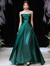 Evening Dress A-Line Strapless Satin Fabric Floor-Length Pleated Formal Party Dresses Forest Green Pageant Dress