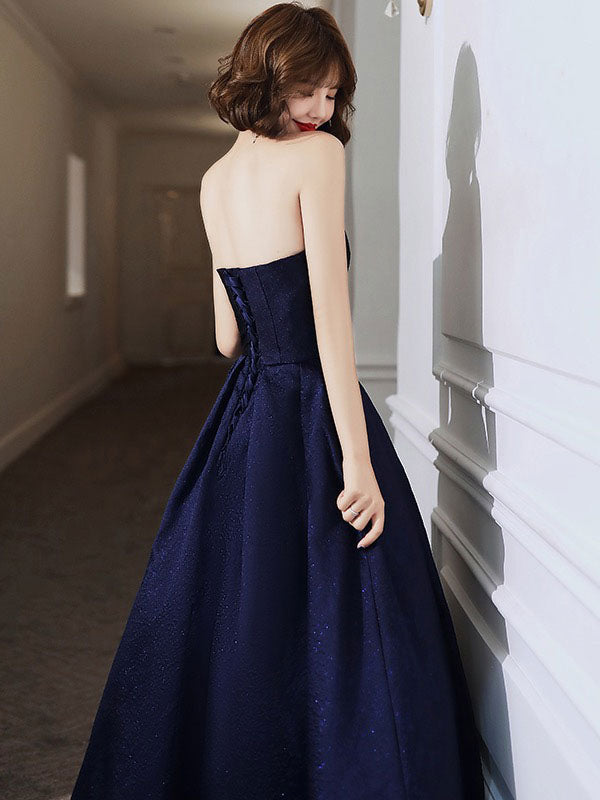 Evening Dress A-Line Strapless Satin Fabric Floor-Length Pleated Social Party Dresses