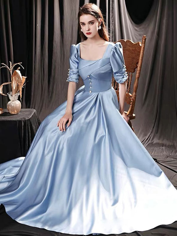 Evening Dress Mint Blue A-Line Square Neck Floor-Length Half Sleeves Lace-up Pageant Dress