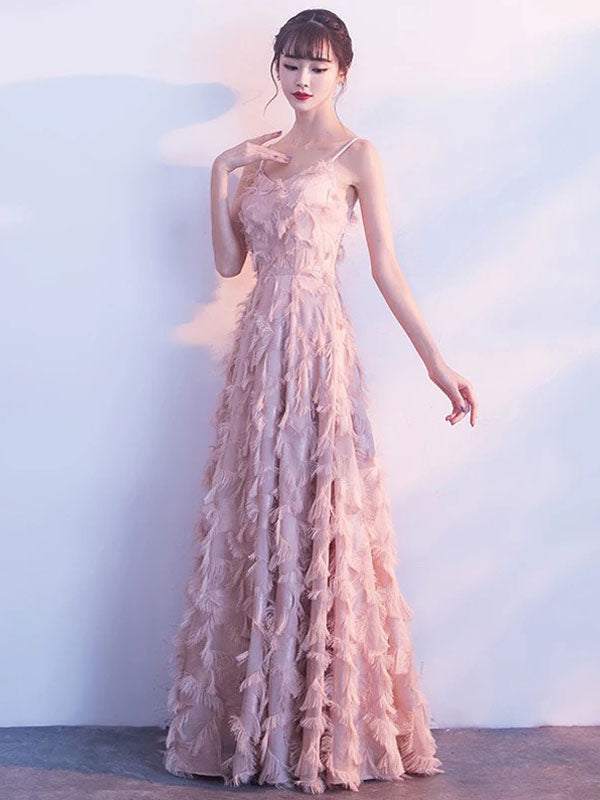 Evening Dresses Blush Pink Long Halter Feathers Sleeveless Floor Length Graduation Dress wedding guest dress