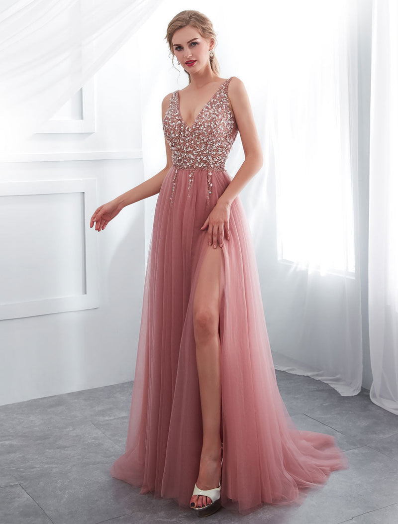 Evening Dresses Cameo Pinkv Neck Beading A Line Formal Evening Dress With Train