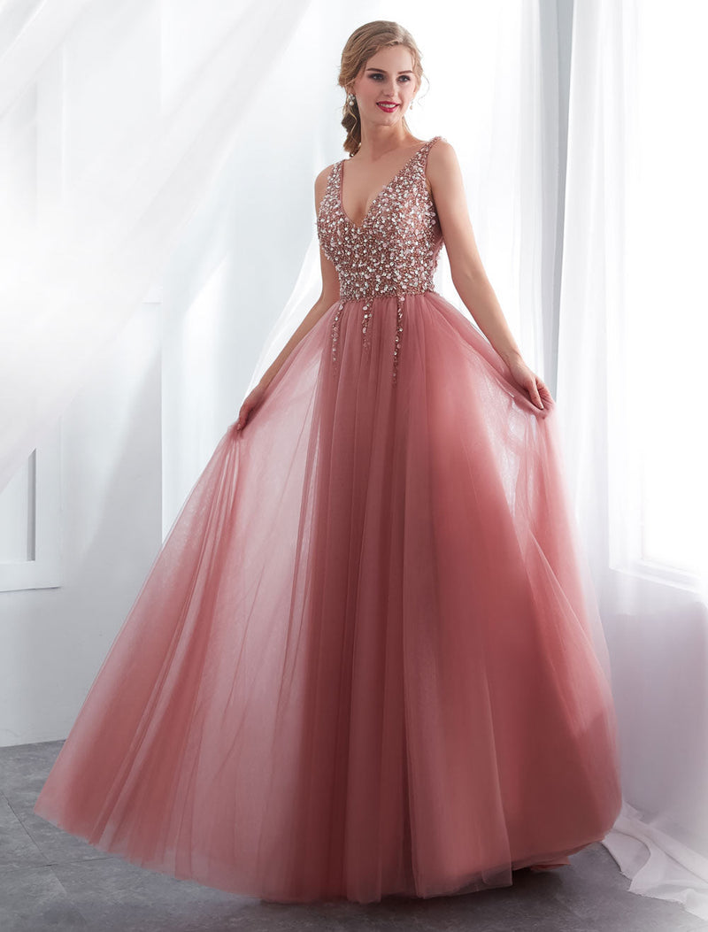 Evening Dresses Cameo Pinkv Neck Beading A Line Formal Evening Dress With Train