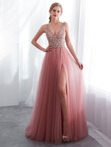 Evening Dresses Cameo Pinkv Neck Beading A Line Formal Evening Dress With Train