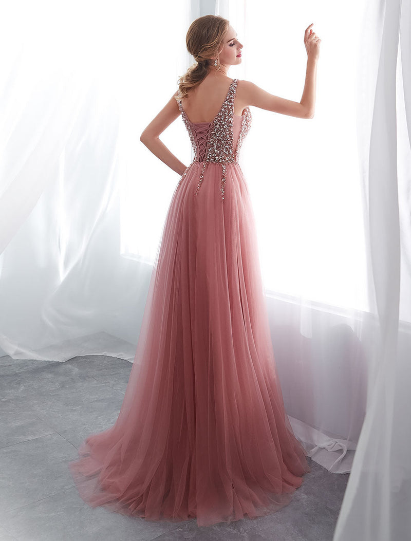 Evening Dresses Cameo Pinkv Neck Beading A Line Formal Evening Dress With Train