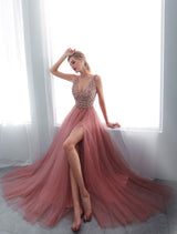 Evening Dresses Cameo Pinkv Neck Beading A Line Formal Evening Dress With Train