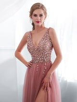 Evening Dresses Cameo Pinkv Neck Beading A Line Formal Evening Dress With Train