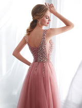 Evening Dresses Cameo Pinkv Neck Beading A Line Formal Evening Dress With Train