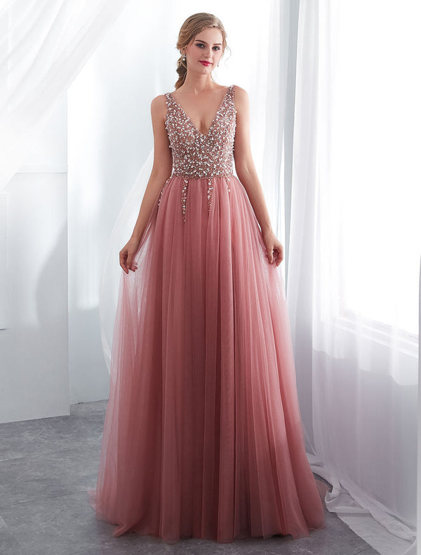 Evening Dresses Cameo Pinkv Neck Beading A Line Formal Evening Dress With Train, fast delivery worldwide.