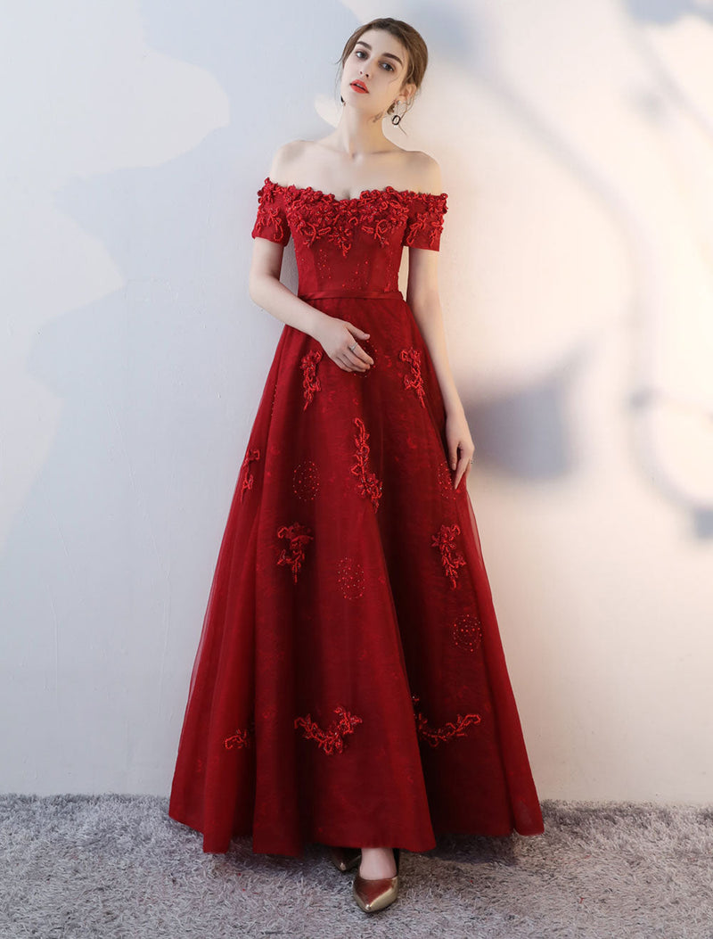 Evening Dresses Long Burgundy Off The Shoulder evening dress Lace Applique Heavy Beading Sash Floor Length Formal Evening Dress