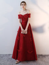 Evening Dresses Long Burgundy Off The Shoulder evening dress Lace Applique Heavy Beading Sash Floor Length Formal Evening Dress