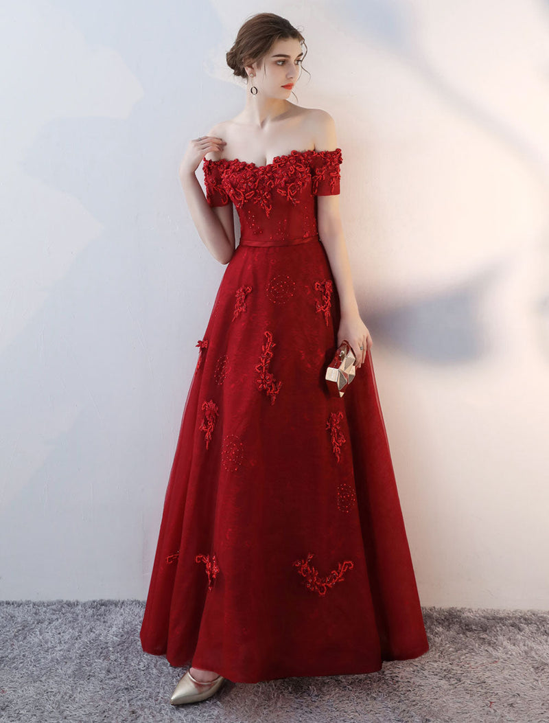 Evening Dresses Long Burgundy Off The Shoulder evening dress Lace Applique Heavy Beading Sash Floor Length Formal Evening Dress