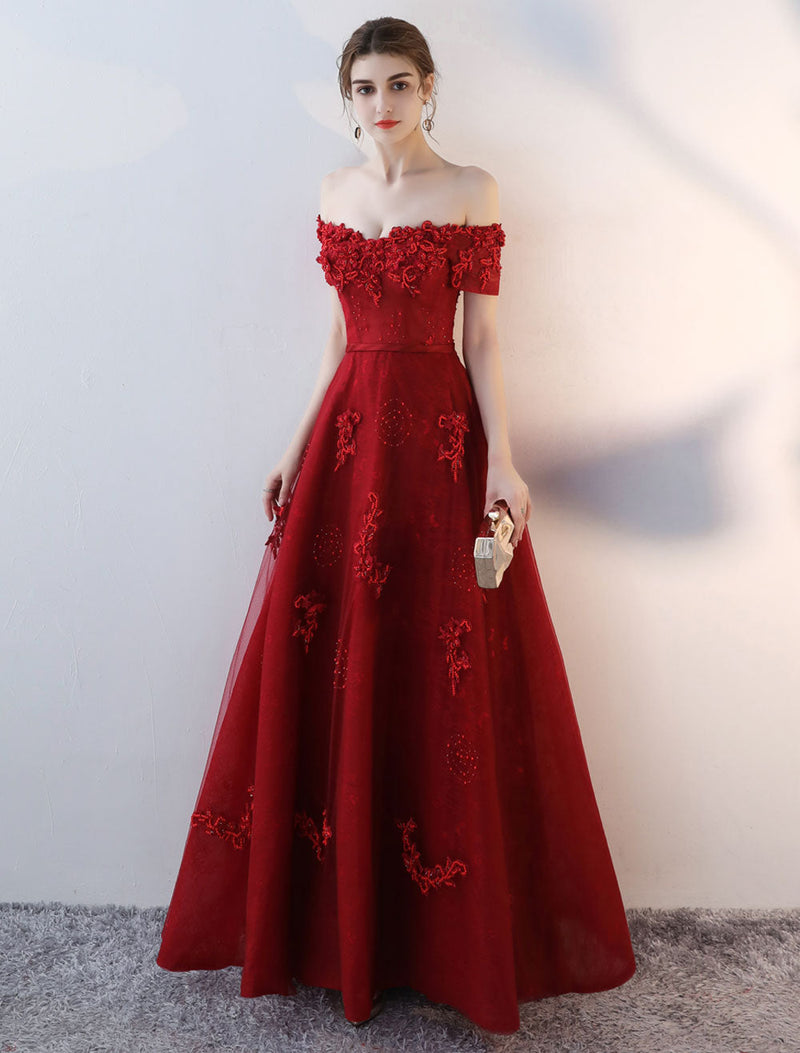 Evening Dresses Long Burgundy Off The Shoulder evening dress Lace Applique Heavy Beading Sash Floor Length Formal Evening Dress