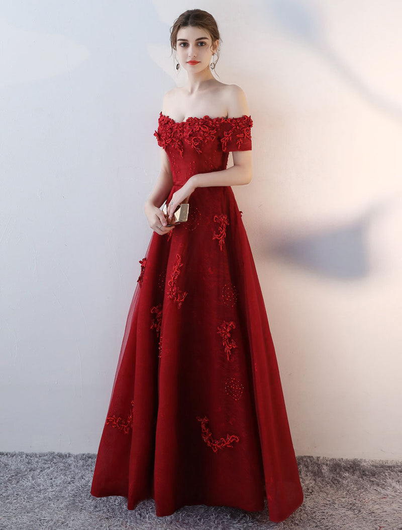 Evening Dresses Long Burgundy Off The Shoulder evening dress Lace Applique Heavy Beading Sash Floor Length Formal Evening Dress