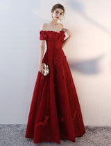 Evening Dresses Long Burgundy Off The Shoulder evening dress Lace Applique Heavy Beading Sash Floor Length Formal Evening Dress