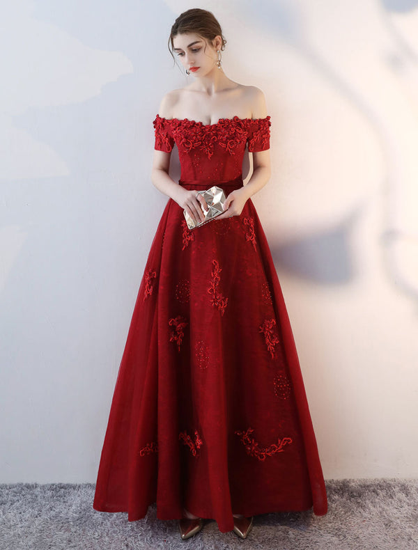 Evening Dresses Long Burgundy Off The Shoulder evening dress Lace Applique Heavy Beading Sash Floor Length Formal Evening Dress