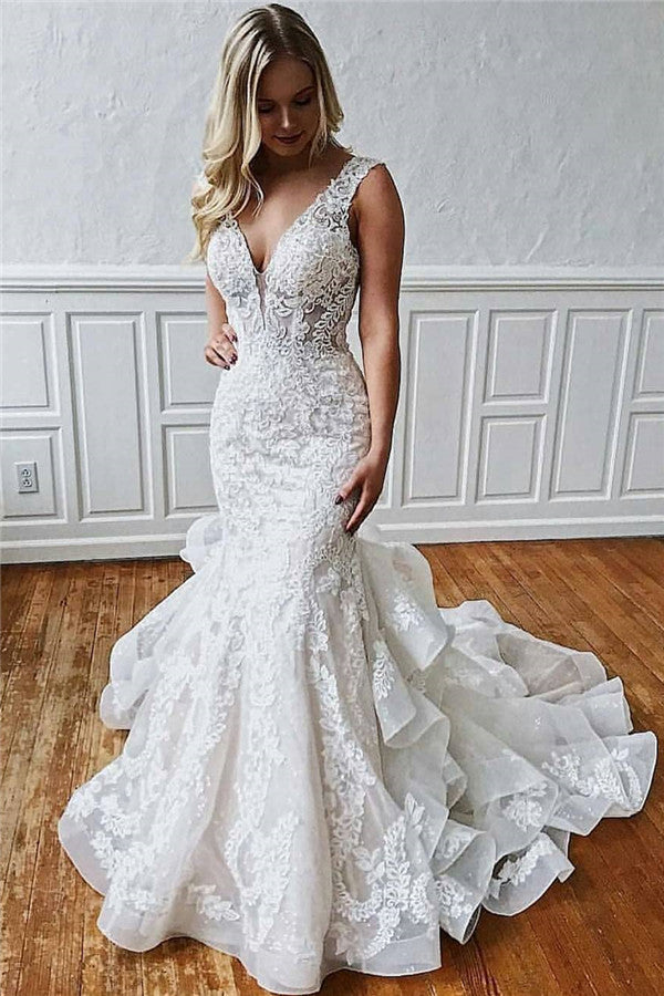 stylesnuggle has a great collection of Modern Lace V-Neck Mermaid Wedding Dresses at an affordable price. Welcome to buy high quality from us