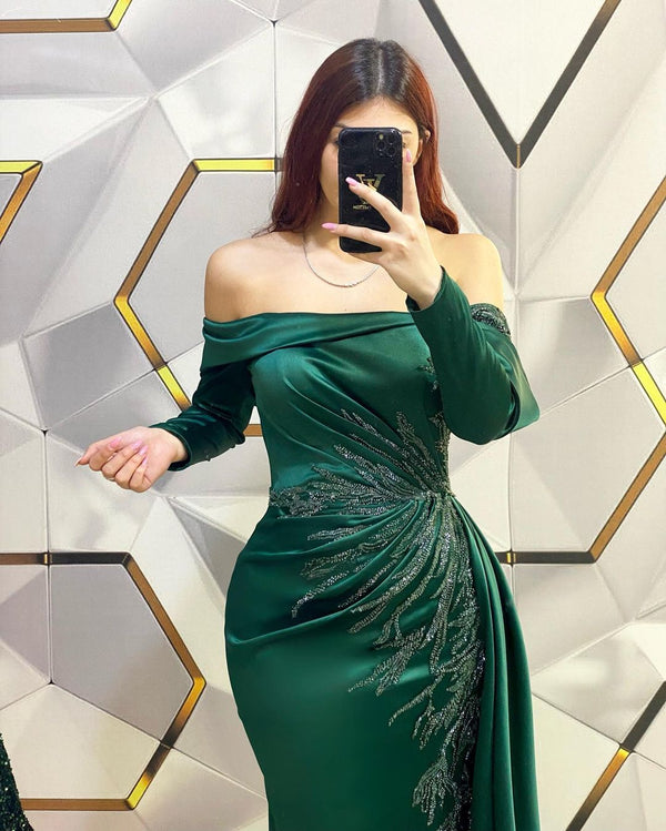 Modern Long Dark Green Mermaid Off-the-shoulder Lace Evening Prom Dresses With Long Sleeves-stylesnuggle