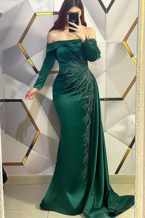 Modern Long Dark Green Mermaid Off-the-shoulder Lace Evening Prom Dresses With Long Sleeves-stylesnuggle