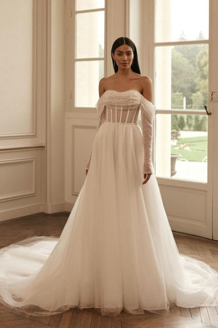 Modern Long Sleevess Long Off-the-Shoulder Wedding Dresses Online Sequined-stylesnuggle