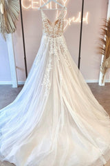 Modern Long V-Neck Sleeveless Lace Wedding Dresses Online-stylesnuggle